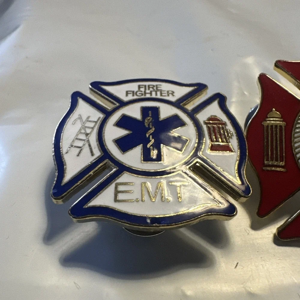 2pcs Vintage Fire Fighter E.M.T. Emt Hat Coat Vest Lapel Pin